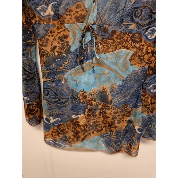 Vintage Blue Brown Paisley Sheer Mesh Tie Front V-Neck Long Sleeve Fairy Boho - Picture 3 of 9